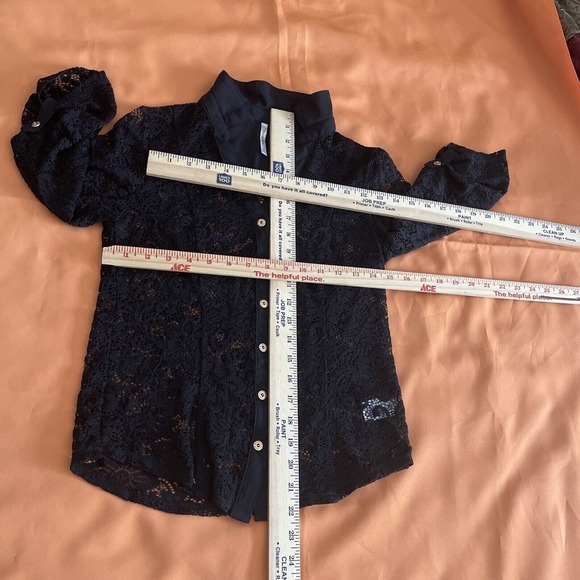 Women SM d.n.a. Couture Blouse 3/4 Tab Roll Sleeves Black Lace Open Front Button - Picture 6 of 8